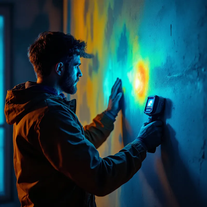 a technician mapping moisture on a wall with a thermal imaging camera