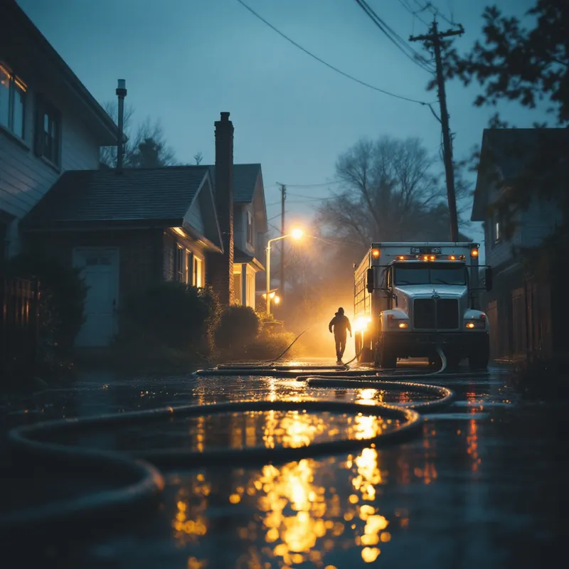 hoses running from a flooded house out to a truck outside