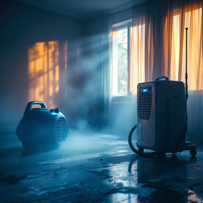 air movers and a dehumidifier set up drying a room after extraction